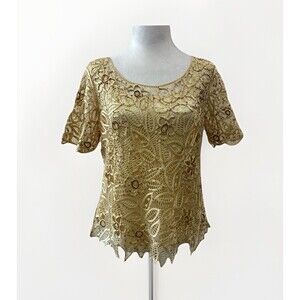 Vtg SILKEN POETRY Top Womens L Hand Beaded Silk Guipure Lace Layered Coquette